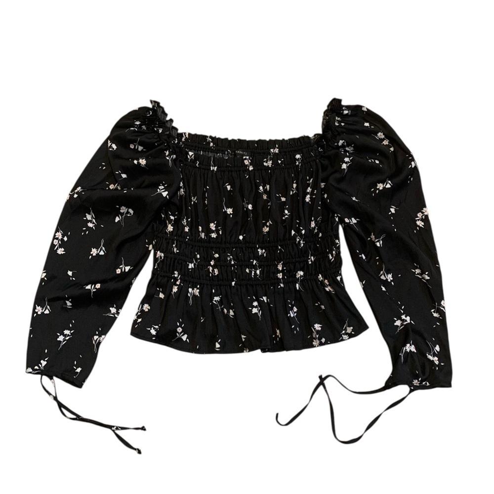 Dynamite Black Floral Off-the-Shoulder Smocked Crop Top Blouse P/S